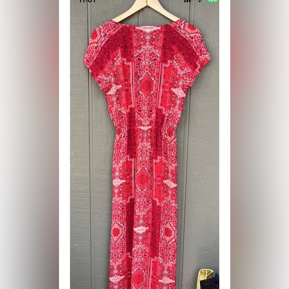 Lucky Brand Women's Boho Maxi Dress Short Sleeve Elastic Waist Red Wrap small - Picture 3 of 7